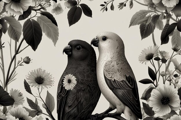 Photo romantic lovebirds floral monochrome wedding logo generative ai