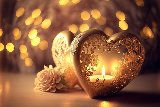 Romantic luxury gold valentines heart shaped candles and bouquet of flowers Generative AI