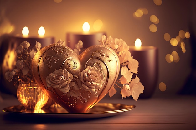 Romantic luxury gold valentines heart shaped candles and bouquet of flowers Generative AI