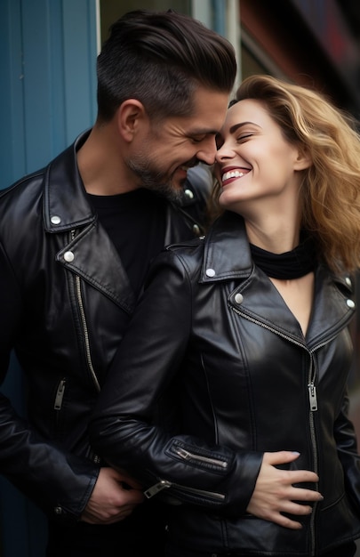 romantic man and woman in black leather jacket