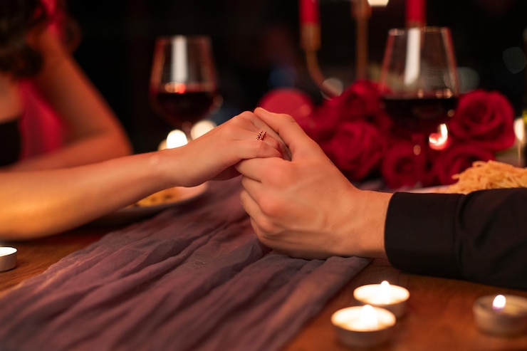 Photo romantic marriage proposal lady wearing engagement ring guy holding female hand couple making