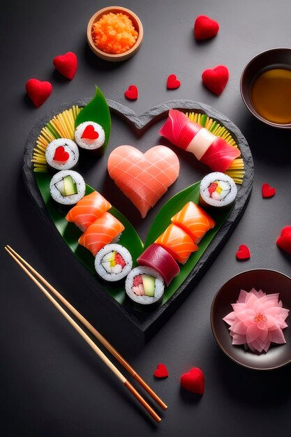 Romantic menu asian food Valentines Day HeartShaped Sushi on dark background