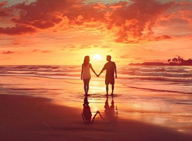 Романтическая пара средних лет наслаждается красивой прогулкой на закате по пляжу, путешествуя по Краби, Таиланд