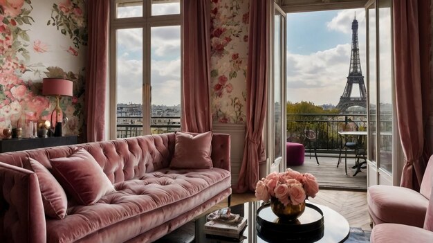 A romantic modern decor with floral wallpaper and a feminine velvet sofa with floral shaped pillows