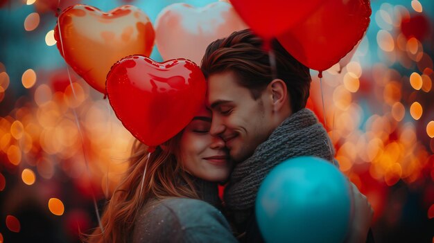 Romantic Moment Amidst Heart Balloons Couple Embracing Surrounded by Colorful Lights