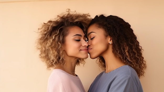 A romantic moment captured in a studio two women sharing a kiss on a vivid background