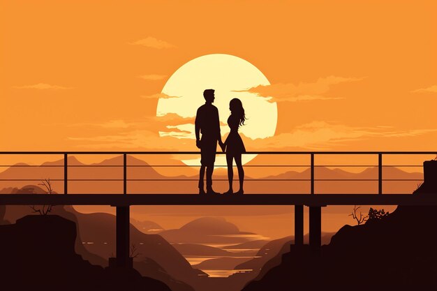 Romantic moment of silhouette of a couple embracing the beauty of a sunset from a bridge