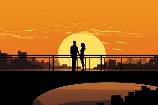 Romantic moment of silhouette of a couple embracing the beauty of a sunset from a bridge