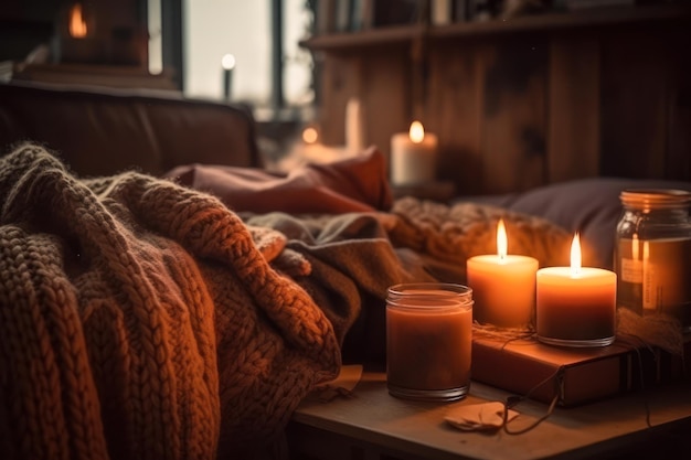 Romantic mood in the bedroom by candle soft light generative ai