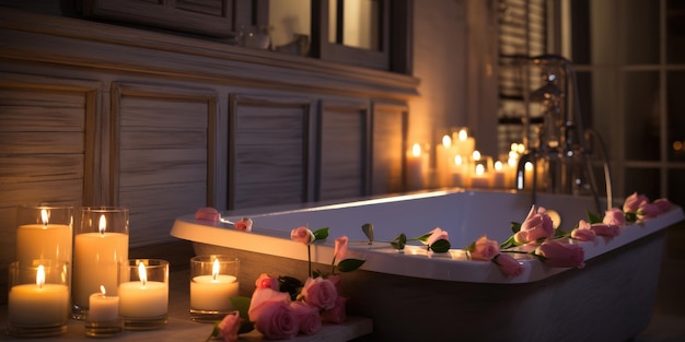 Photo romantic mood candles and flowers in the bathroom high quality photo generative ai