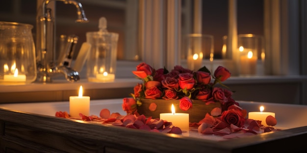 Романтическое настроение свечи и цветы в ванной комнате Высокого качества фото Генеративный ИИ