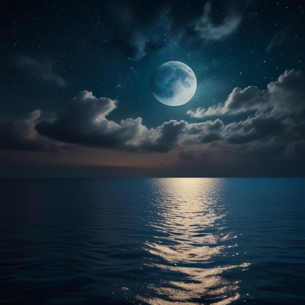 Romantic Moon With Clouds and Starry Sky Over Sparkling Blue Water