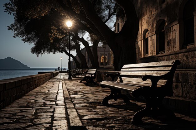 Romantic moonlight illuminates historical street of cobblestone creating night charm generative IA