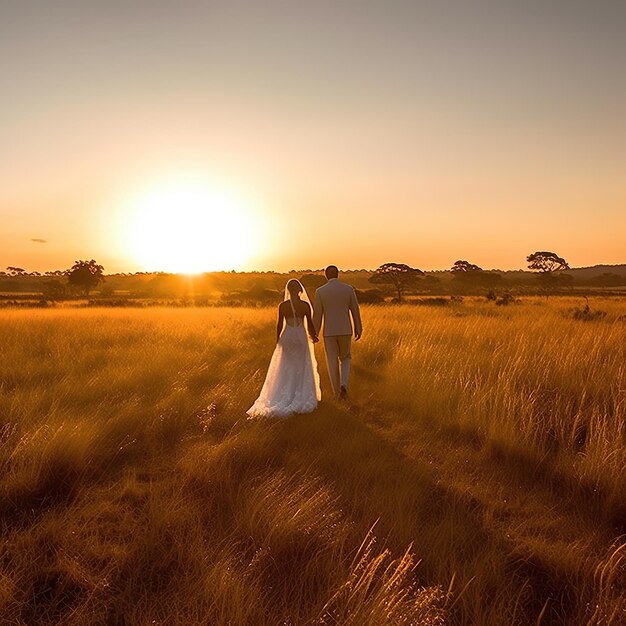 Romantic newlywed groom and bride couple holding hands in field at sunset AI generated image