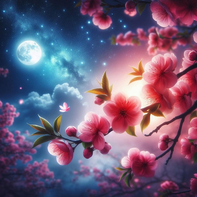 Foto scena notturna romantica bellissimo fiore rosa fiorisce nel cielo notturno con la luna piena