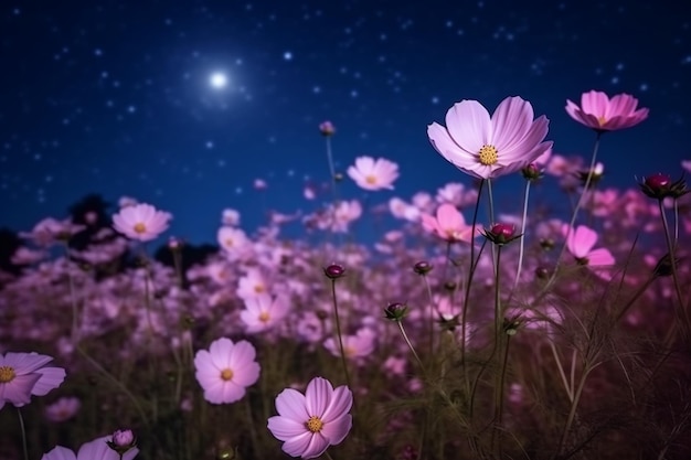 만적인 밤 장면 아름다운 분홍색 꽃이 꽃을 피우고