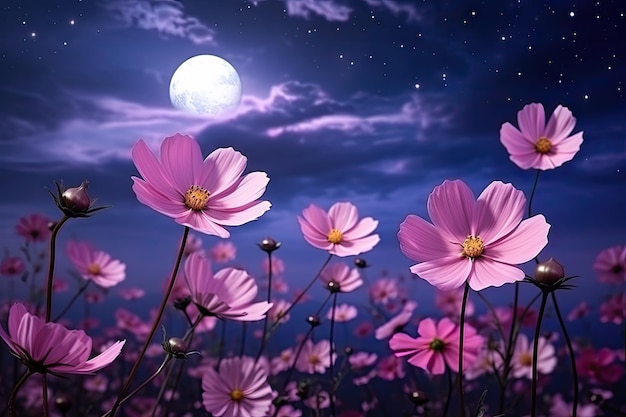 Romantic night scene Cosmos flower bloom under full moon and night skies