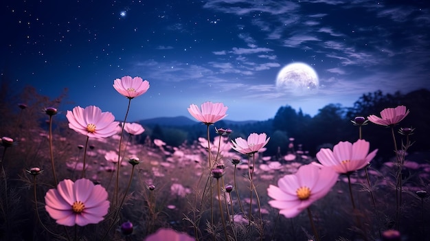 Romantic night sceneBeautiful pink flower blossom in Generative ai