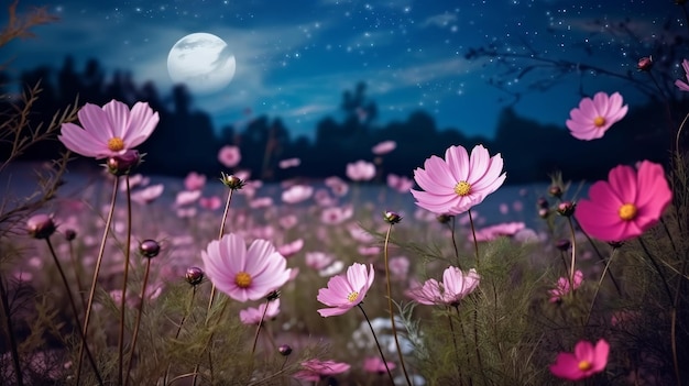 낭만적인 밤 풍경Generative ai의 아름다운 분홍색 꽃