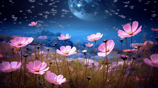 Romantic night sceneBeautiful pink flower blossom in Generative ai