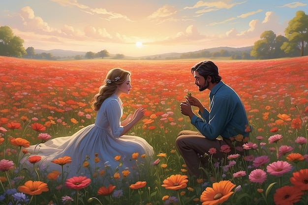 Romantic Novel Scene Couple Amidst Pappy Flowers Illustration