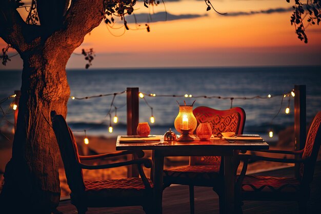 Photo romantic oceanfront dining cozy candlelit table