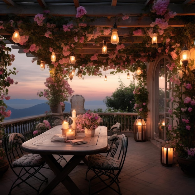 花のあるロマンチックな屋外テラス