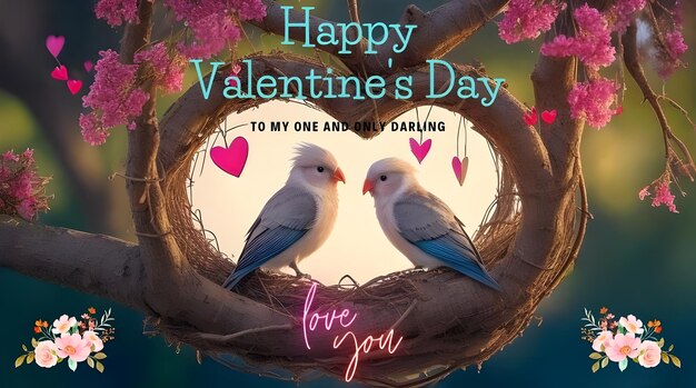 Photo romantic pair of lovebirds sitting together in their nest happy valentines day card wallpaper