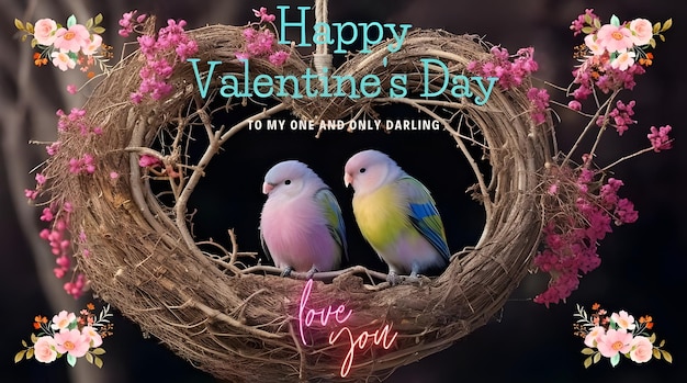 Photo romantic pair of lovebirds sitting together in their nest happy valentines day card wallpaper