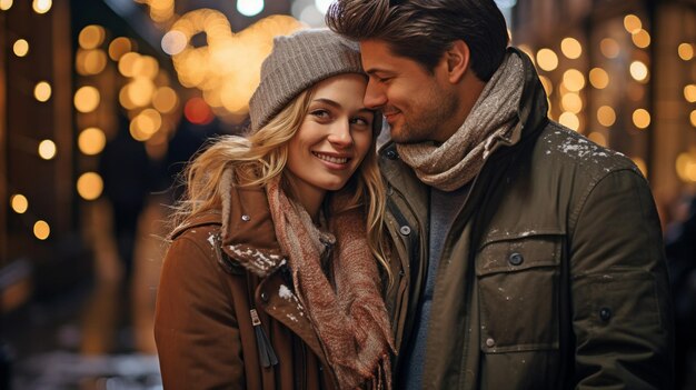 冬の服を着て街を散歩するロマンチックなカップル