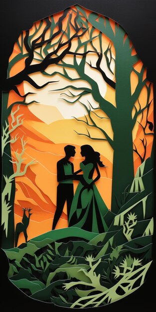 Photo romantic paper sculpture of a couple in a forest