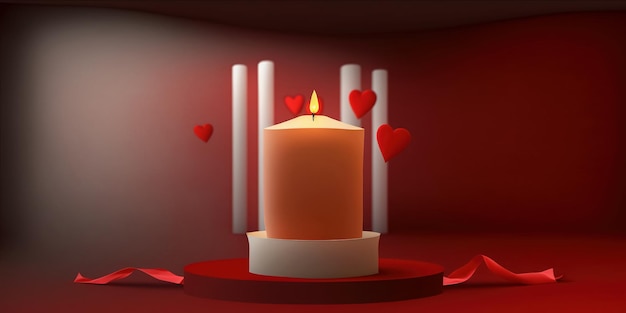 Romantic photo composition with burning candle flying hearts ribbon and a red background