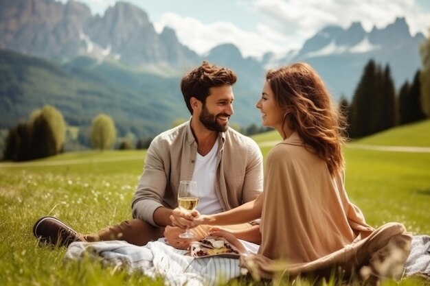 Romantic Picnic in the Alps Young Couple in Love Generative Ai