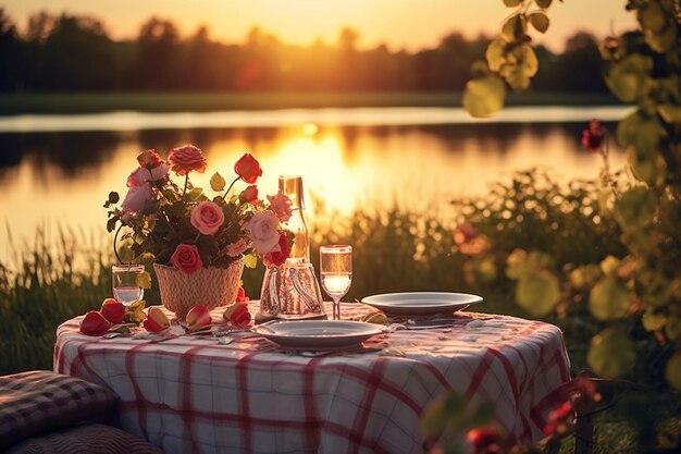 ロマンチックなピクニックの設定と日没の背景