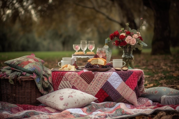 Photo romantic picnic with cozy quilt and basket of treats created with generative ai