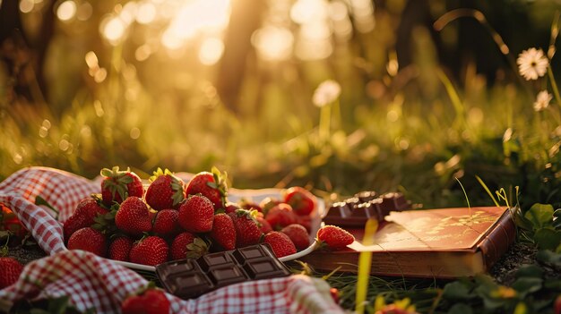 Romantic picnic with sweets chocolate and strawberries on summer meadow sunset