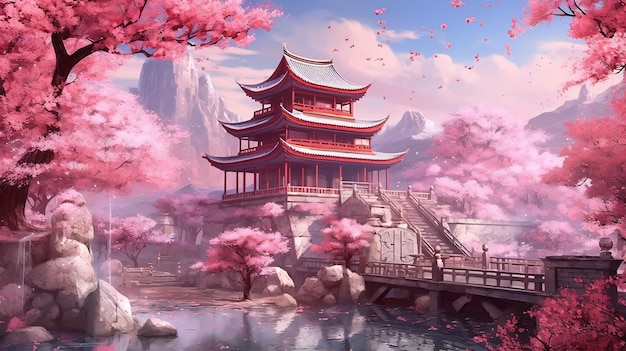 古代様式を囲むロマンチックなピンクの桜