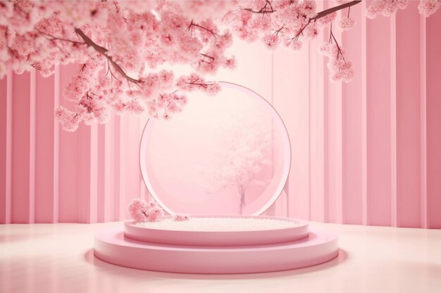 Romantic pink floral tree and surreal display podium background template Generative AI