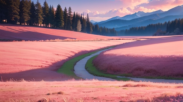 Romantic pink grass hill used for desktop wallpaper