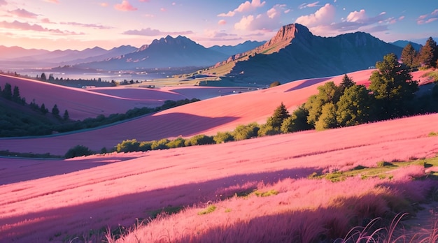 Romantic pink grass hill used for desktop wallpaper