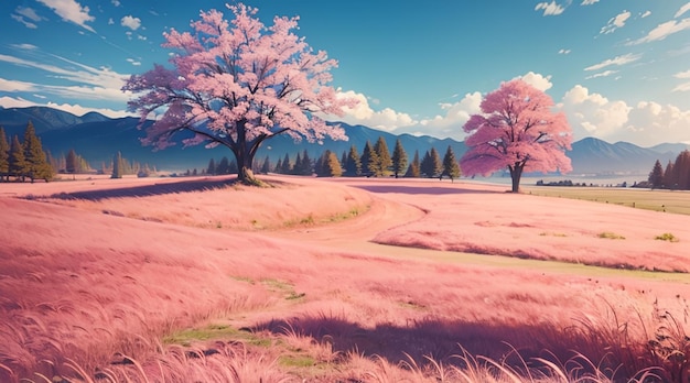 Romantic pink grass hill used for desktop wallpaper