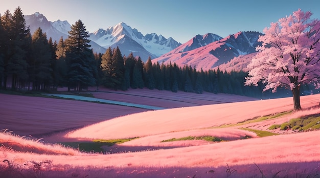 Romantic pink grass hill used for desktop wallpaper