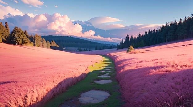 Romantic pink grass hill used for desktop wallpaper