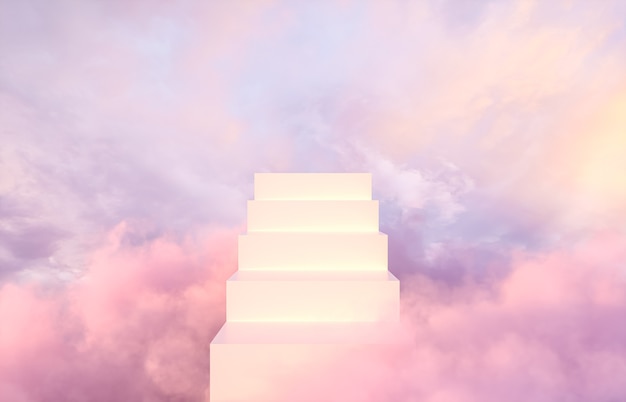 Romantic podium backdrop for product display with dreamy sky background.
