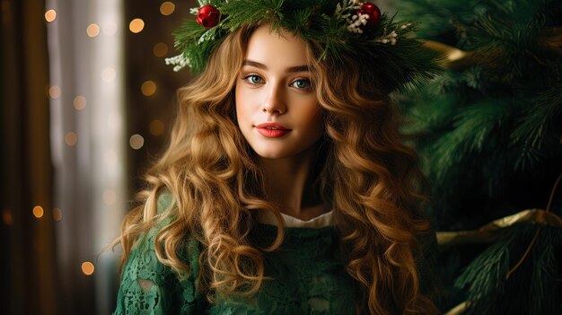 A romantic portrait of a lady in a New Years outfit with a wreath of spruce branches