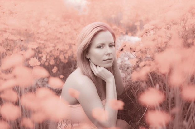 Romantic portrait of a woman in a floral field captured in soft and romantic infrared photography