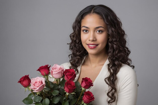 A romantic portrait of a young mixedrace woman holding a classic rose bouquet