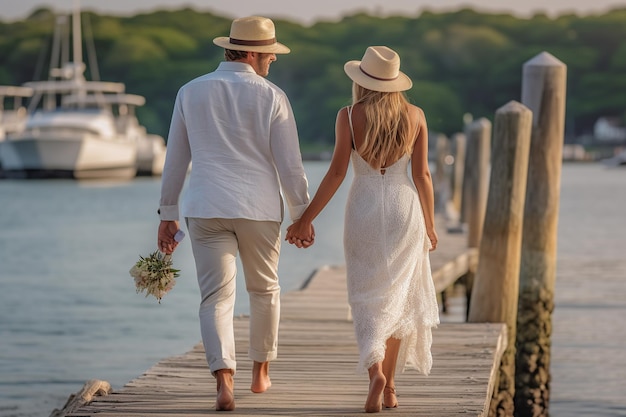 A romantic rear view image of a bride in a flowing wedding dress and a groom in a stylish sui