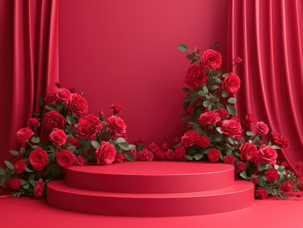 Romantic Red Display 3D Rendered Podium with Roses for Valentines Day Product Showcasing