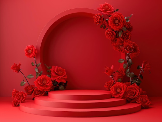 발렌타인 데이 제품 쇼케이스를 위한 장미가 있는 로맨틱 레드 디스플레이 3D 렌더링 연단